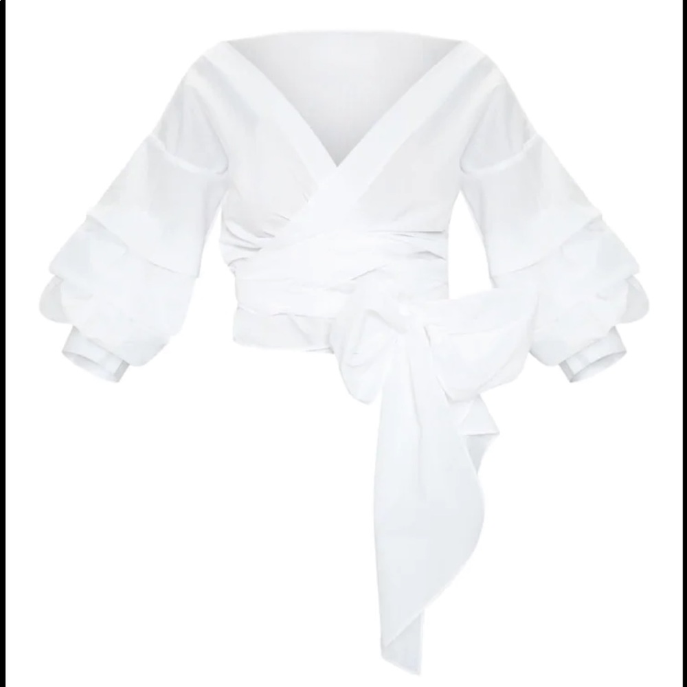 White oversized ruffle sleeves low shoulder shirt